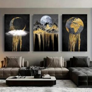 Set of 3 Wooden StickyTile Frames 8x11 – Black & Gold Wall Art with Moon, Mountains & Globe + Double Tape Included