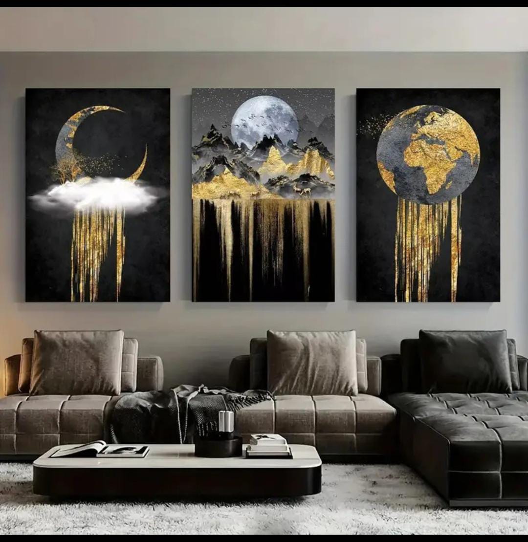 021efbb40fe151bbfff0f4a019d934d5 Set of 3 Wooden StickyTile Frames 8x11 – Black & Gold Wall Art with Moon, Mountains & Globe + Double Tape Included