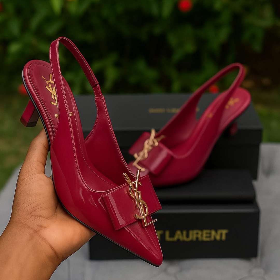 02d9db27a3377e0207b12ff33fbcdc2c Burgundy Kitten Heel Shoes For Women – Stylish Slingback Design With Gold Accent Bow, Comfortable Fit, And Classy Glossy - Image 2