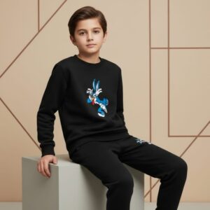 Black Bunny Printed Kids Tracksuit | Winter Fleece Sweatshirt & Trouser Set for Boys & Girls – Warm & Comfy Outfit FOR B