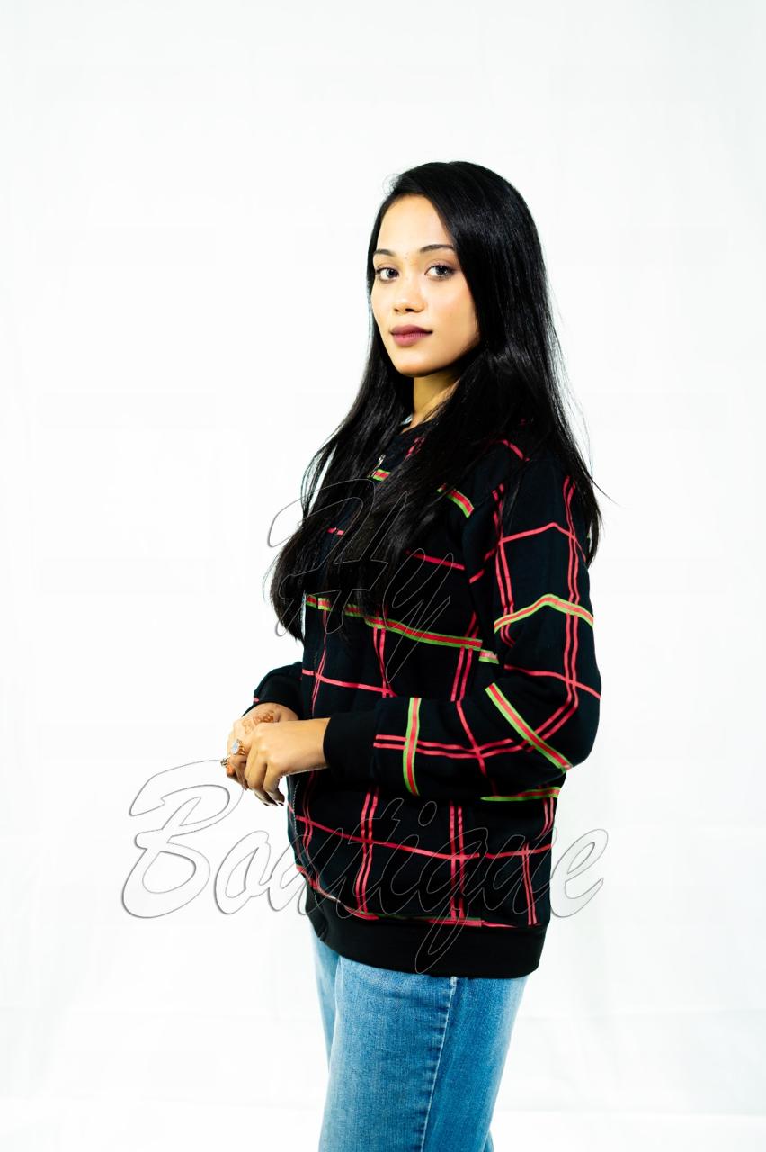 04246694c94fde01c8cd99abc79530b7 Winter Collection Women’s Red & Green Lining Print Jacket | Stylish & Warm Outerwear | Trendy Winter Fashion for Ladies - Image 2