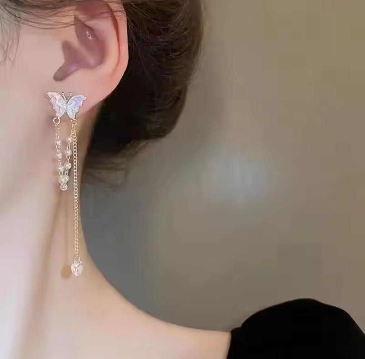 0524a23a4a8a4f86680a545bfc872211 S925 Elegant Butterfly with Pearl Tassels Drop Earrings – Delicate, Feminine & Stylish Fashion Jewelry for Women & Girls - Image 2