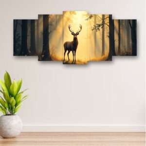 5-Piece Wooden Wall Frame β Deer in Forest Sunset Design | 16x40 Inch with Sticky Tiles