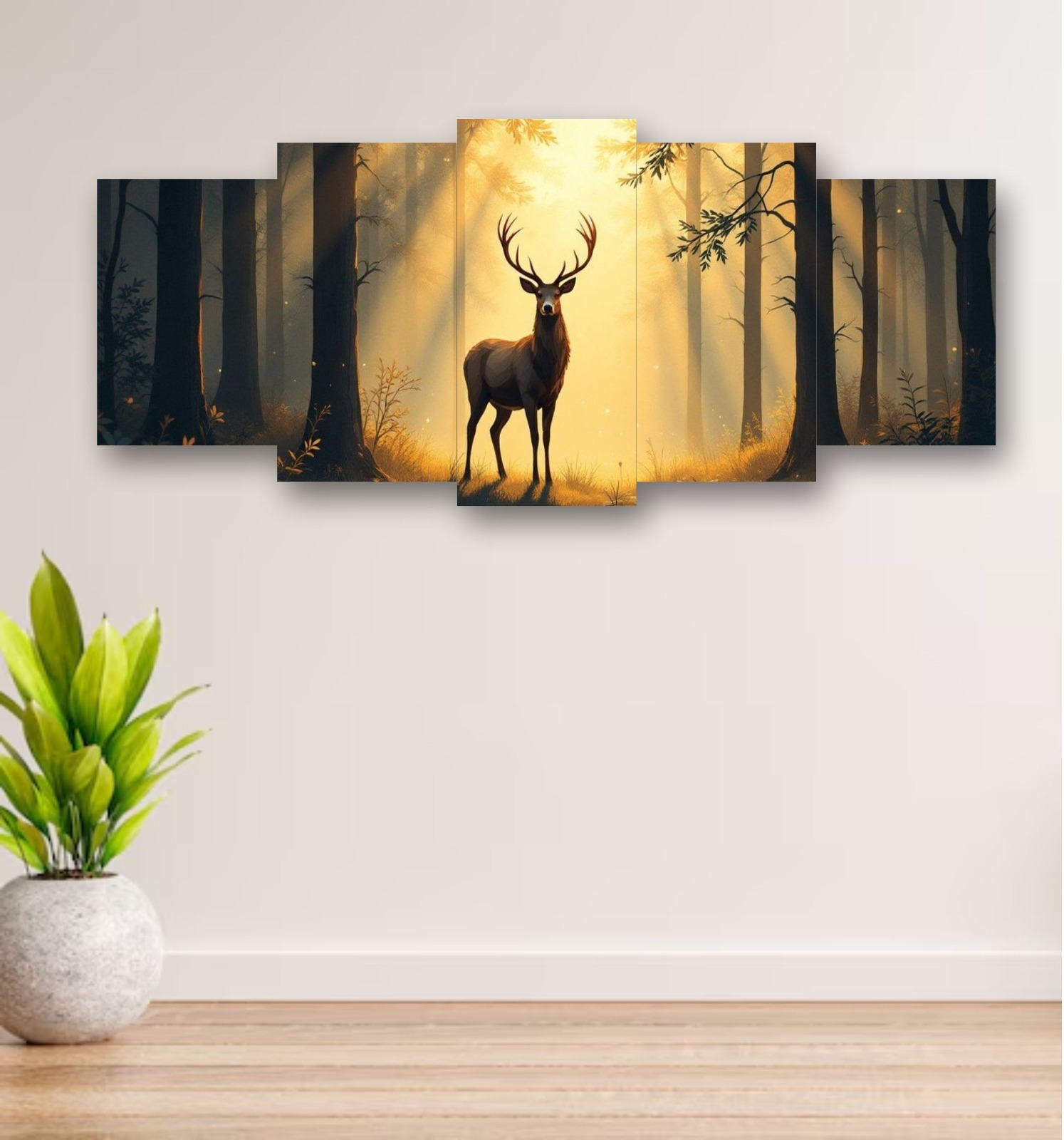 0589c4c19f59a8b31d2acd6a5f68c4ed 5-Piece Wooden Wall Frame – Deer in Forest Sunset Design | 16x40 Inch with Sticky Tiles