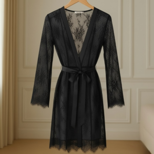 Single Pcs Women’s Net Transparent Sheer Lace Robe Gown – Long Sleeve Free-Size Nightwear With Satin Belt For Elegant An