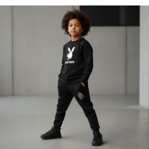 Kids PLAYBOY Printed Stylish Black & Black Tracksuit Set | Winter Fleece Sweatshirt & Trouser Outfit for Boys & Girls –