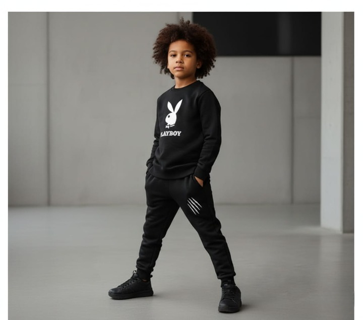 066843161fa2826ca3b54f67d9ddc070 Kids PLAYBOY Printed Stylish Black & Black Tracksuit Set | Winter Fleece Sweatshirt & Trouser Outfit for Boys & Girls –