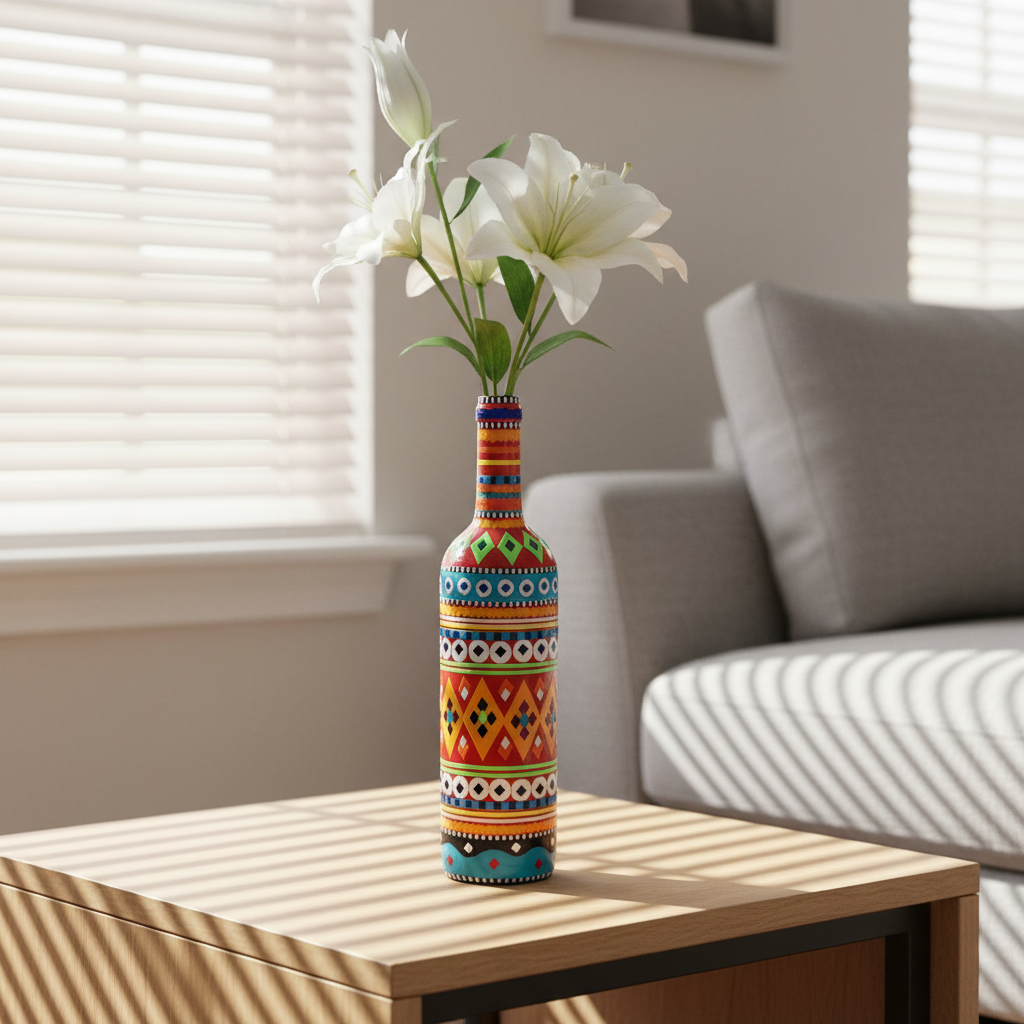 071676fd39dd0799862dce00036d413b Traditional Truck Art Decorative Glass Bottle Vase – Handcrafted Multicolor Home Decor (750ml)