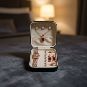 Elegant 6-Piece Rose Gold & Ruby Red Jewelry Gift Set – Includes Crystal-Encrusted Watch, Pendant Necklace, Matching Ear