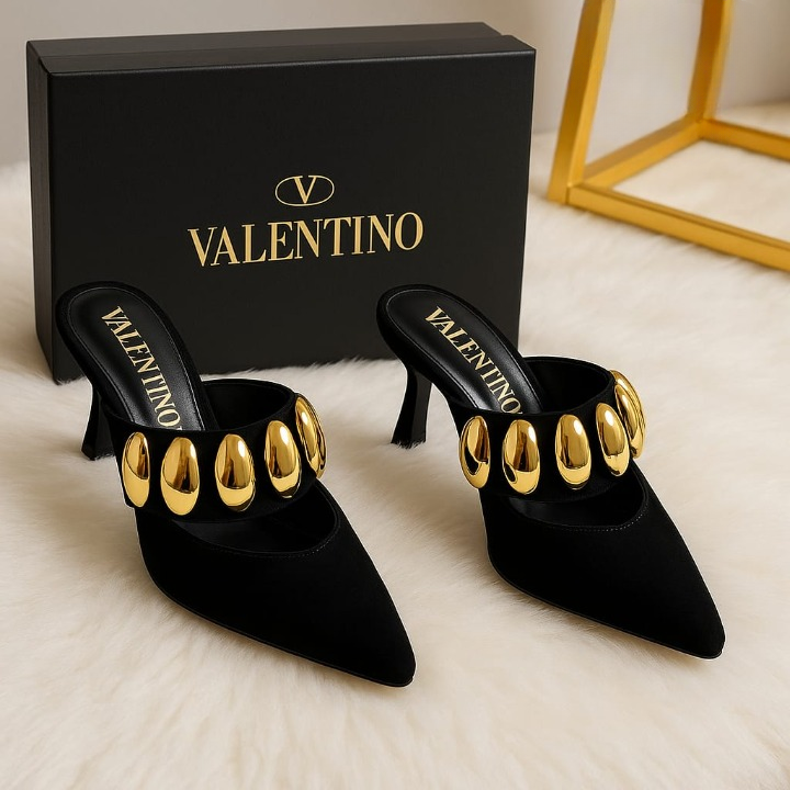 07cf608a4ec6667842c8efb0d564101b Valentino Garavani Royal VLogo 65 Leather Mules In Black Suede With Gold Tone - Image 4