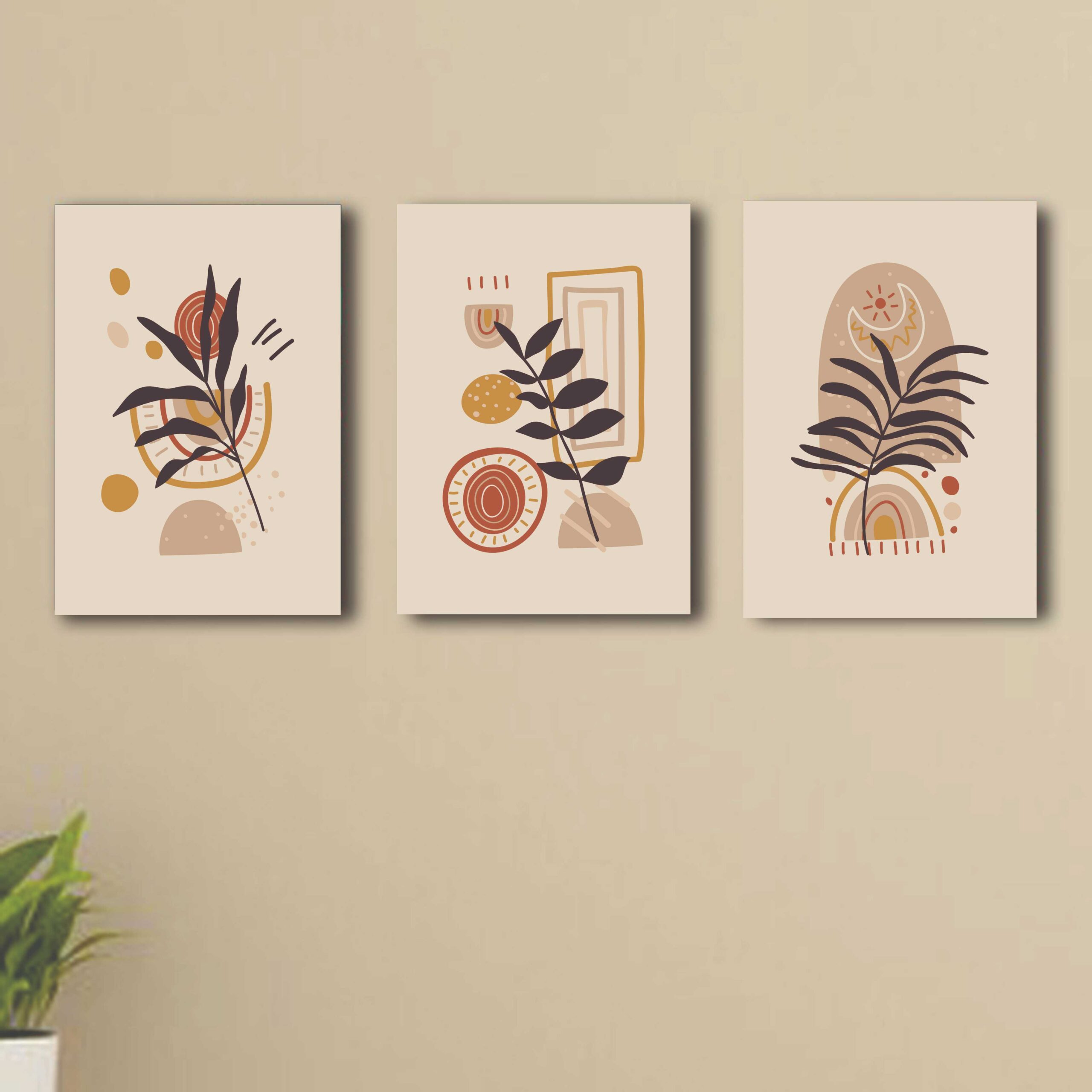 Set of 3 wooden canvas sticky frames , Sticky phototiles, boho art, boho wall art frames, botanical boho art frame, boho