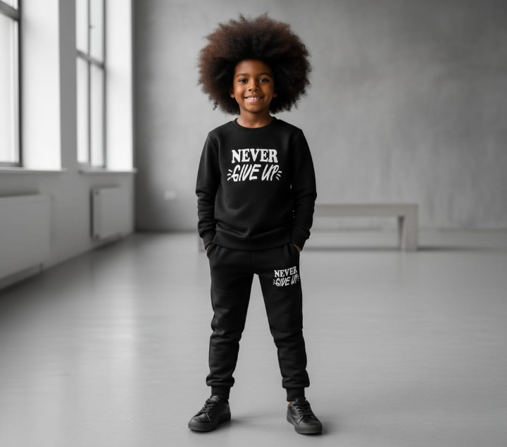 0aeb5d4338763786801887c6e2b5cfea Kids “Never Give Up” Printed Black & Black Tracksuit Set | Winter Fleece Sweatshirt & Trouser Outfit for Boys & Girls – - Image 3