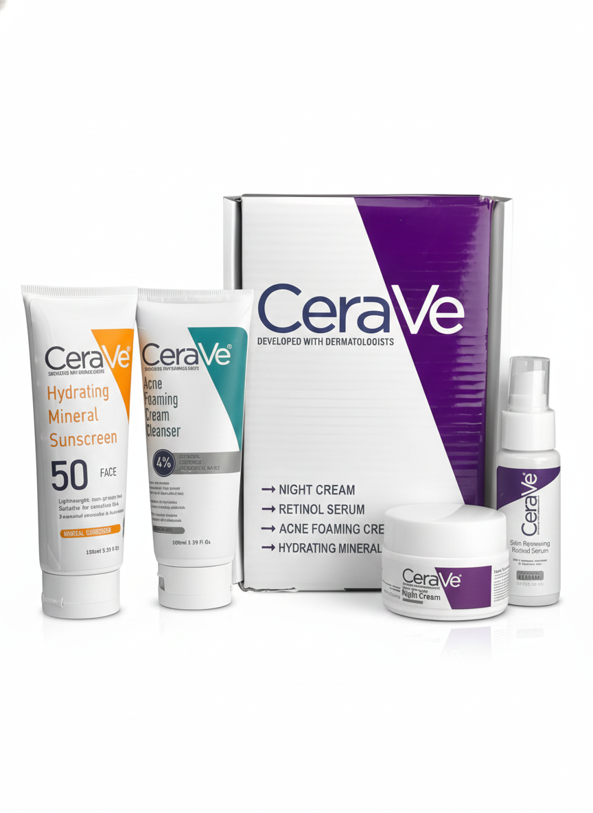 0bceca0633955f4c654905d3b69fd8d1 CeraVe Complete Skincare Combo Kit – Sunscreen SPF 50, Acne Cleanser, Retinol Serum & Night Cream