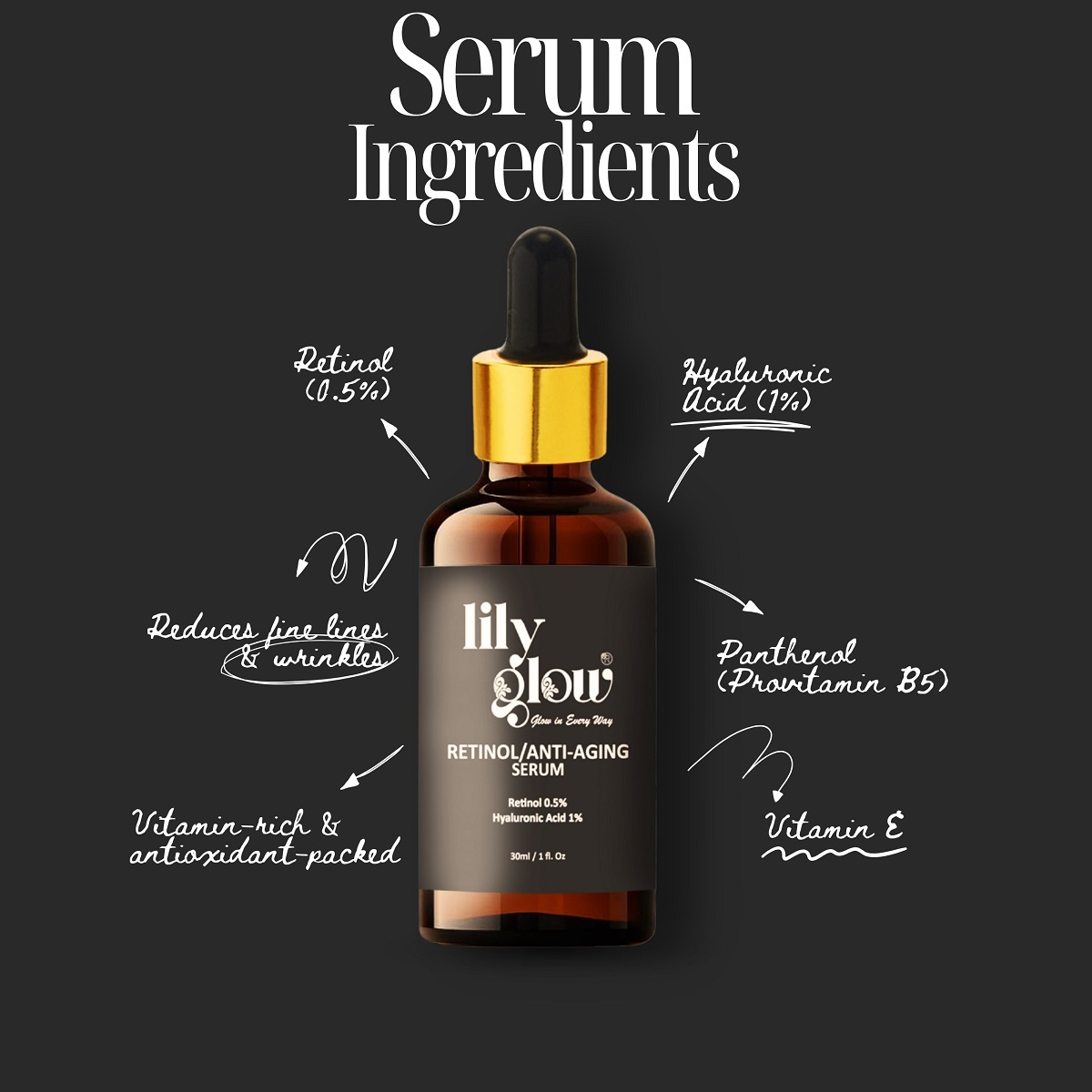 0c24b3929b2b1b76b96a20ca8f7f60b4 Lily Glow Retinol Anti-Aging Serum for Face – Wrinkle Repair, Skin Tightening & Night Care (30ml) - Image 3
