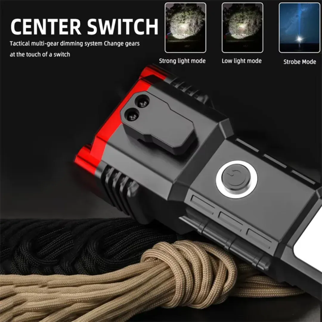 0c7dcee04ce6c343f00502e67ccb342f High-Power LED Torch Light – Rechargeable Flashlight with Tactical Hammer & Power Bank With Box, Random color - Image 2