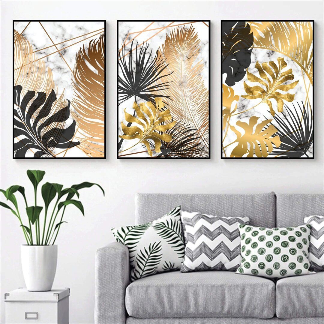 0c8a687bd1c39adbd438d04358e278ad 3pcs Black And Gold Leafs Design Stickytiles Frame Providing Elegant Artistic Pattern Stylish Look