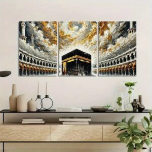 Khana Kaba Wooden Wall Art – 3 Piece Islamic Frame Set Made With Wooden Stickytile, Each Frame 8x11 Inches, Easy To Inst