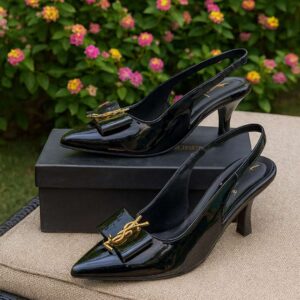Elegant Black Kitten Heel Shoes For Women – 2.5 Inch Heels With Gold Buckle And Elastic Band Closure For Stylish Comfort