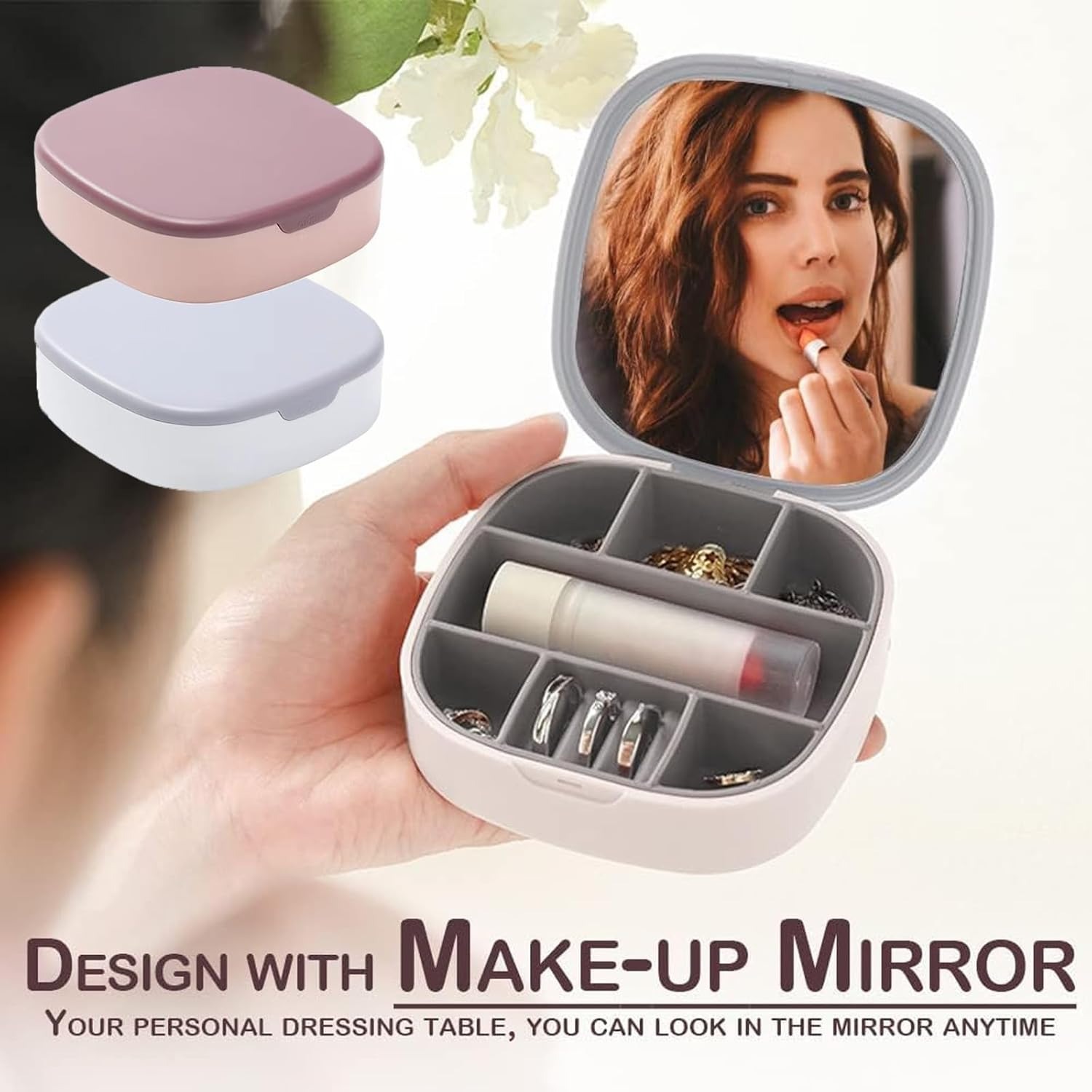 174567b78ed4d2aaff80c75d9d387665 Portable Mini Jewelry Storage Box with Built-In Mirror – Compact Travel Organizer for Rings, Earrings, and Necklaces (Mo - Image 3