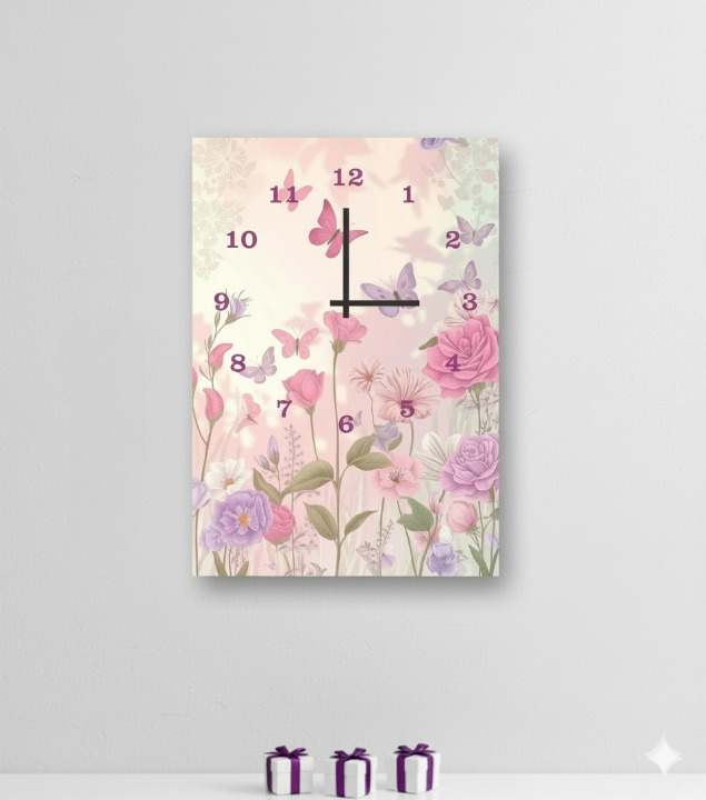 1a8fdf8a59130f5878f4bcf83769c3ef Floral Garden-Inspired Digital Printed Wooden Wall Clock – 12x16" Hanging Decor with Butterflies, Roses & Elegant Hook M