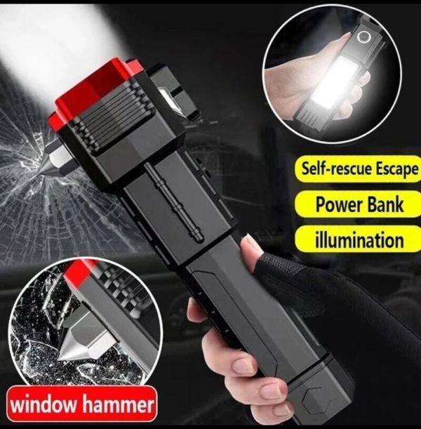1e2b3e3ef9acd67bbb77360d2e9c5c4e High-Power LED Torch Light – Rechargeable Flashlight with Tactical Hammer & Power Bank With Box, Random color