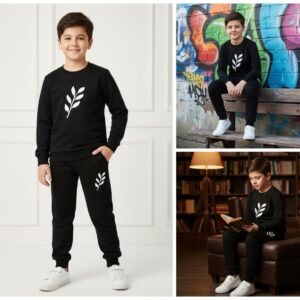 Kids Printed Stylish Black & Black Tracksuit Set | Winter Fleece Sweatshirt & Trouser Outfit for Boys & Girls – Warm & T