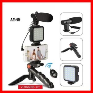 AY-49 Vlogger Kit | Microphone, LED Fill Light, Mini Tripod & Mobile Holder with Remote – Complete Video Making Set for