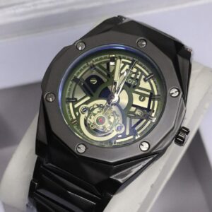 HB Men's Automatic Skeleton Wristwatch | Industrial-Chic Stainless Steel ( without box) Case with Genuine Leather Strap