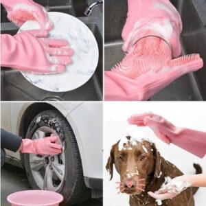 Magic Silicone Dish washing Gloves – Reusable Rubber Cleaning Gloves with Built-In Scrubber for Kitchen & Household