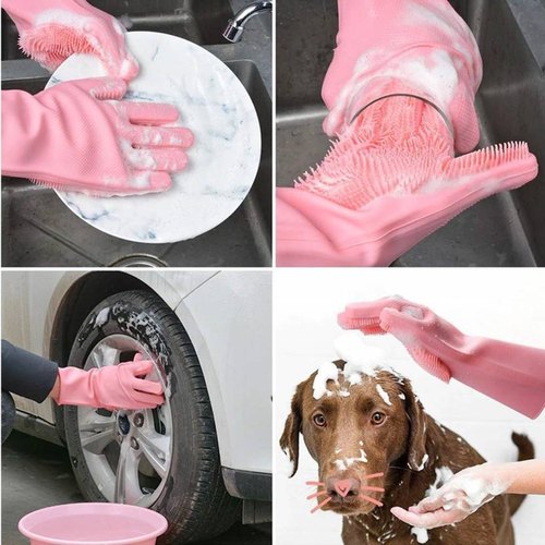 28 Magic Silicone Dish washing Gloves – Reusable Rubber Cleaning Gloves with Built-In Scrubber for Kitchen & Household