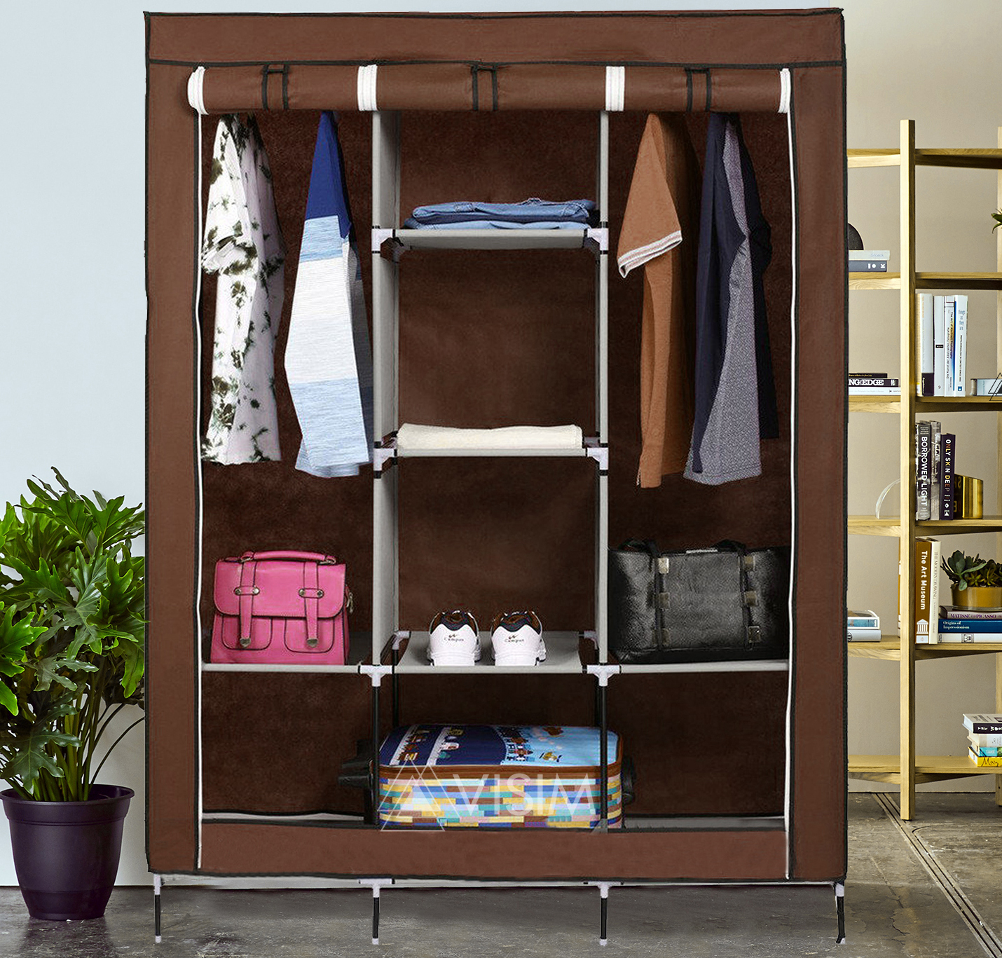 3 Door Fancy & Portable Foldable Closet Wardrobe Storage Organizer with Shelves Foe Multi Purpose - Red
