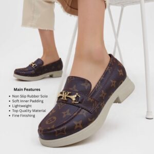 Women’s Brown Loafers with Gold Metallic Buckle – Soft Cushion Padding, Non-Slip Rubber Sole, 3cm Heel