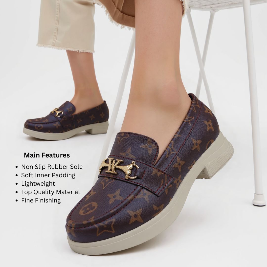 3390f53e6d4d54f60466e570ca4a5274 Women’s Brown Loafers with Gold Metallic Buckle – Soft Cushion Padding, Non-Slip Rubber Sole, 3cm Heel