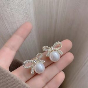 Bow Knot Pearl Earrings with Zircon – Korean Style (PJX-113)
