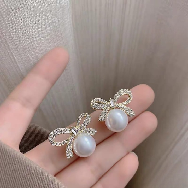 33dbbc71edf310d2bdf7ed3d32197097 Bow Knot Pearl Earrings with Zircon – Korean Style (PJX-113)