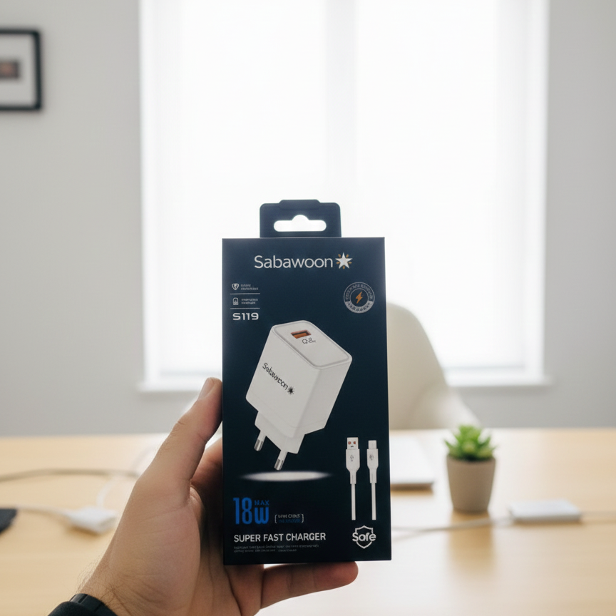 383ff68b6e725b75681ccff4f8326f65 Sabawoon S119 Fast Charging Charger | 18W Original | With Micro Cable