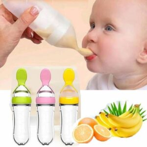 90ml Feeder With Spoon – Soft Silicone Baby Feeding Bottle With Spoon Dispenser For Easy And Mess Free Feeding (Random C