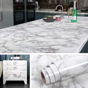 Self Adhesive White Marble Sheet For Kitchen – Waterproof, Heat And Oil Resistant Wallpap er For Countertops, Cabinets,