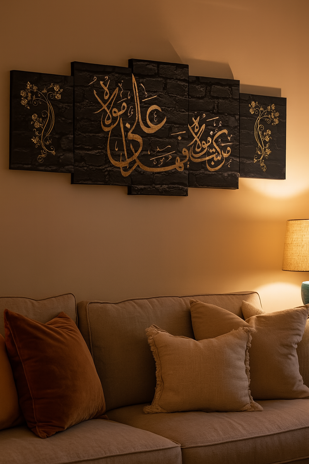 40ad75d12b1f5c962ce58fa399ae9795 5-Piece Islamic Calligraphy Wooden Wall Frame – 16x40 Inch Black & Gold Design with Sticky Tiles