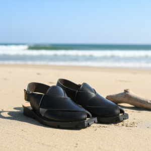 Premium Handcrafted Black Leather Peshawari Chappal - Traditional Kaptaan Design with Durable Tyre Sole and Adjustable B