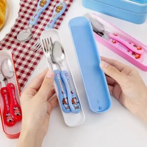 Portable Kids' Stainless Steel Cutlery Set – Ergonomic Cartoon Spoon and Fork with Slim-Fit Travel Storage Case for Scho