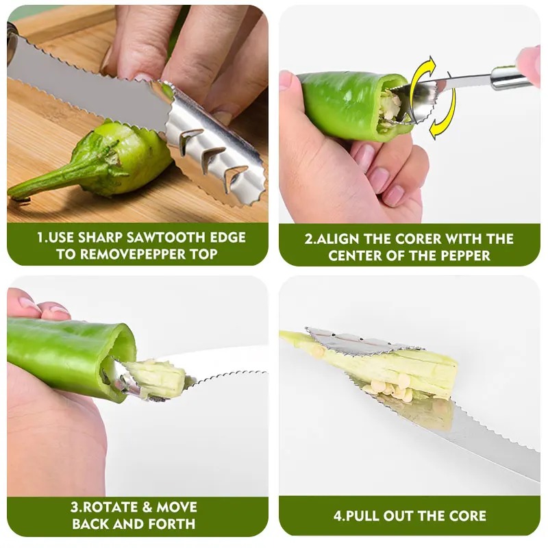 4a1560a9b65a2781743d33c36177fcd7 Stainless Steel Pepper Corer & Vegetable Slicer – Multifunction Jalapeno Core Remover, Fruit & Seed Extractor Tool - Image 3