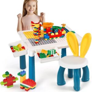 Kids Building Blocks Table With Chair – Multi-Functional Play Set For Creative Learning, Building, Drawing, And Fun Acti