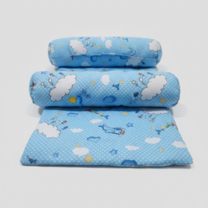 Sleep Support Set – Soft Cotton Quilted Mattress with Dual Side-Positioning Bolster Pillows | Sky Blue Cloud & Aviation