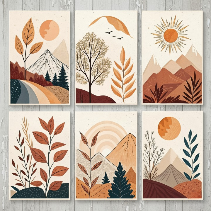 4e4d15e489e792158296d04f9e2a7ac8 Hills Moon Sun Leaves Wooden Wall Art – 6 Piece Decorative Frame Set Made With Wooden Stickytile, Size 8x11 Inches Each, - Image 2