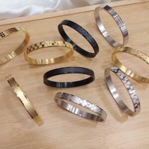 Premium Unisex Geometric Bangle Collection - 18K Gold, Silver & Matte Black Stainless Steel Cuffs with Mixed Textures &