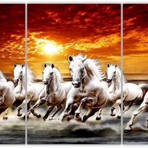 Majestic Seven White Horses Running on Porcelain Tile Art - Fiery Sunset Triptych