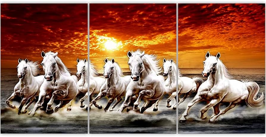 5127f79077a8450bbc9ce1cbb073b667 Majestic Seven White Horses Running on Porcelain Tile Art - Fiery Sunset Triptych