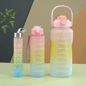 3-Piece Motivational Water Bottle Set with Time Markers & Straw – Leak-Proof, BPA-Free Frosted Gradient Ombre Jugs (2L,