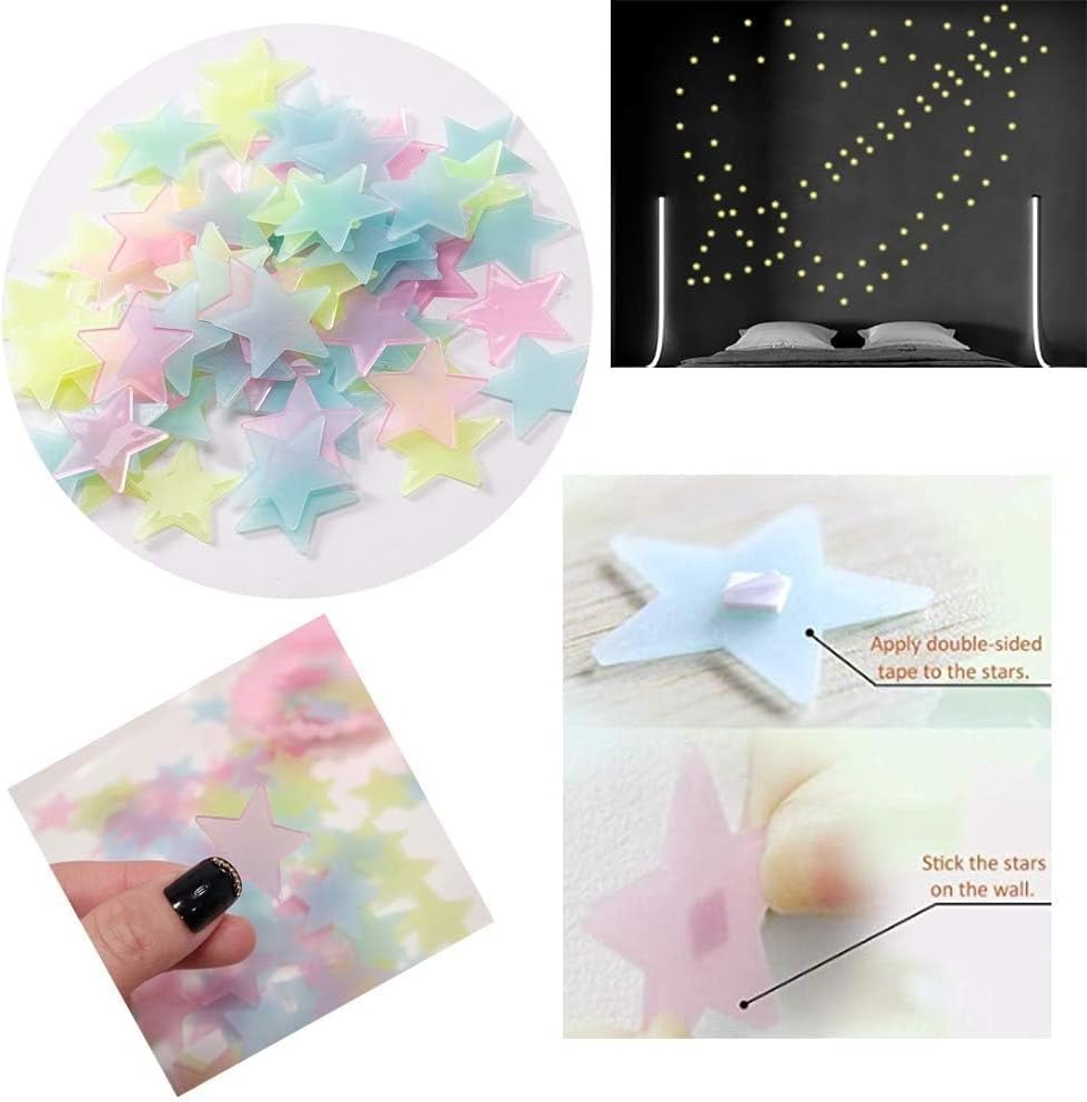 Pack of 100 – 3D Glowing Stars for Ceiling and Wall Decoration – Luminous Night Sky Stickers for Kids’ Rooms, Bedrooms,